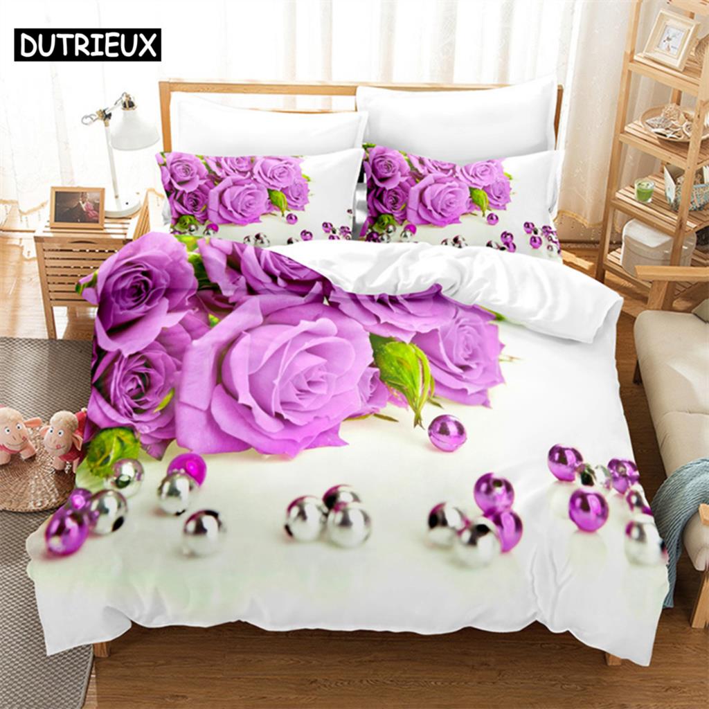 Purple Flower Duvet Cover Set Double Bed 200x200 Thin Floral Bedding Set 3PCS 2PCS with Pillowcase Single Quilt Cover 220x240