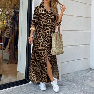 Übergröße Damen Sommerkleider Leopardenmuster Langarm Einreiher Langes Hemdblusenkleid