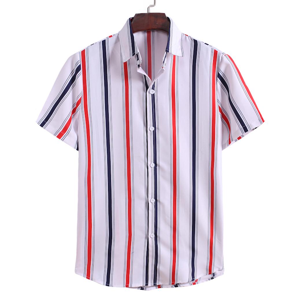 

Чоловіча літня модна смугаста сорочка з короткими рукавами, зручний топ M червоний