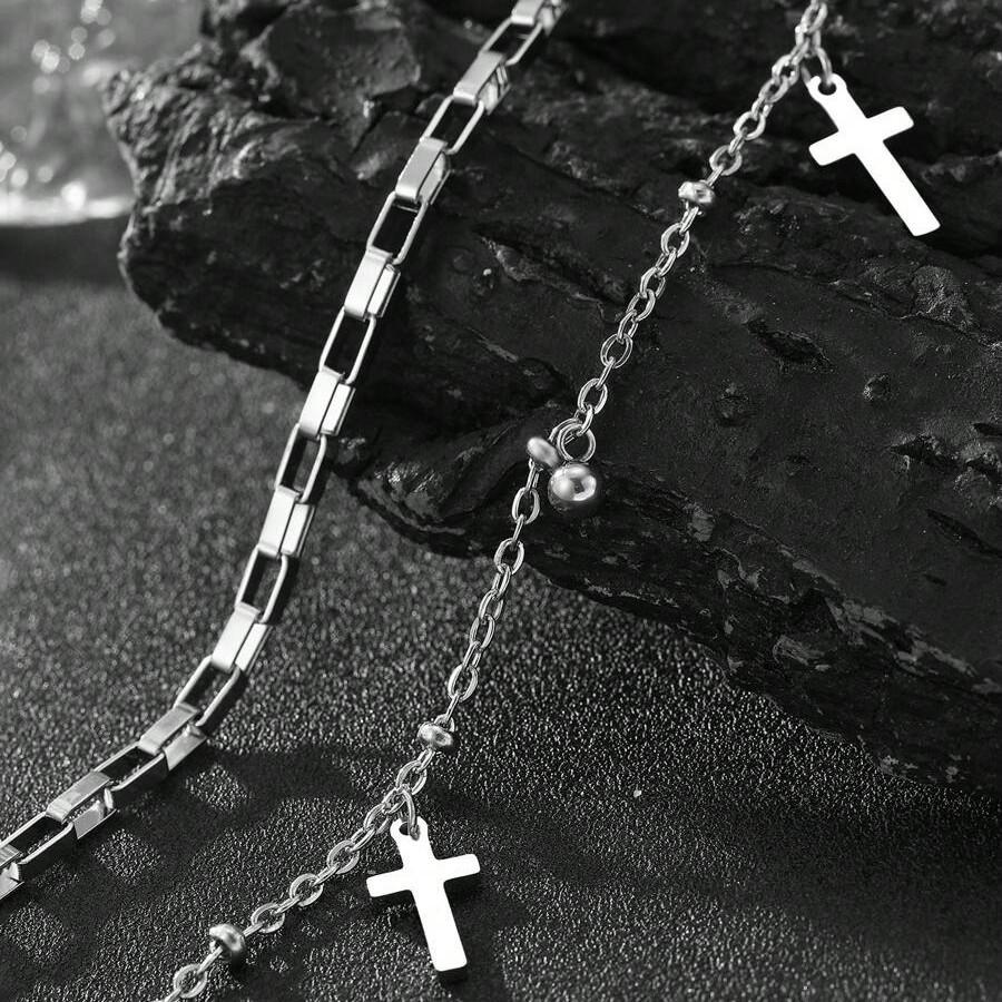 Men Silver Cross Bracelet Double Layer Chain Religious Gift