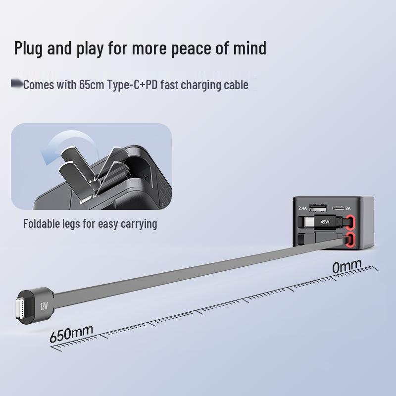 PD45W GaN Fast Charger with Retractable Cable; Foldable 3-in-1 USB Wall Charger.