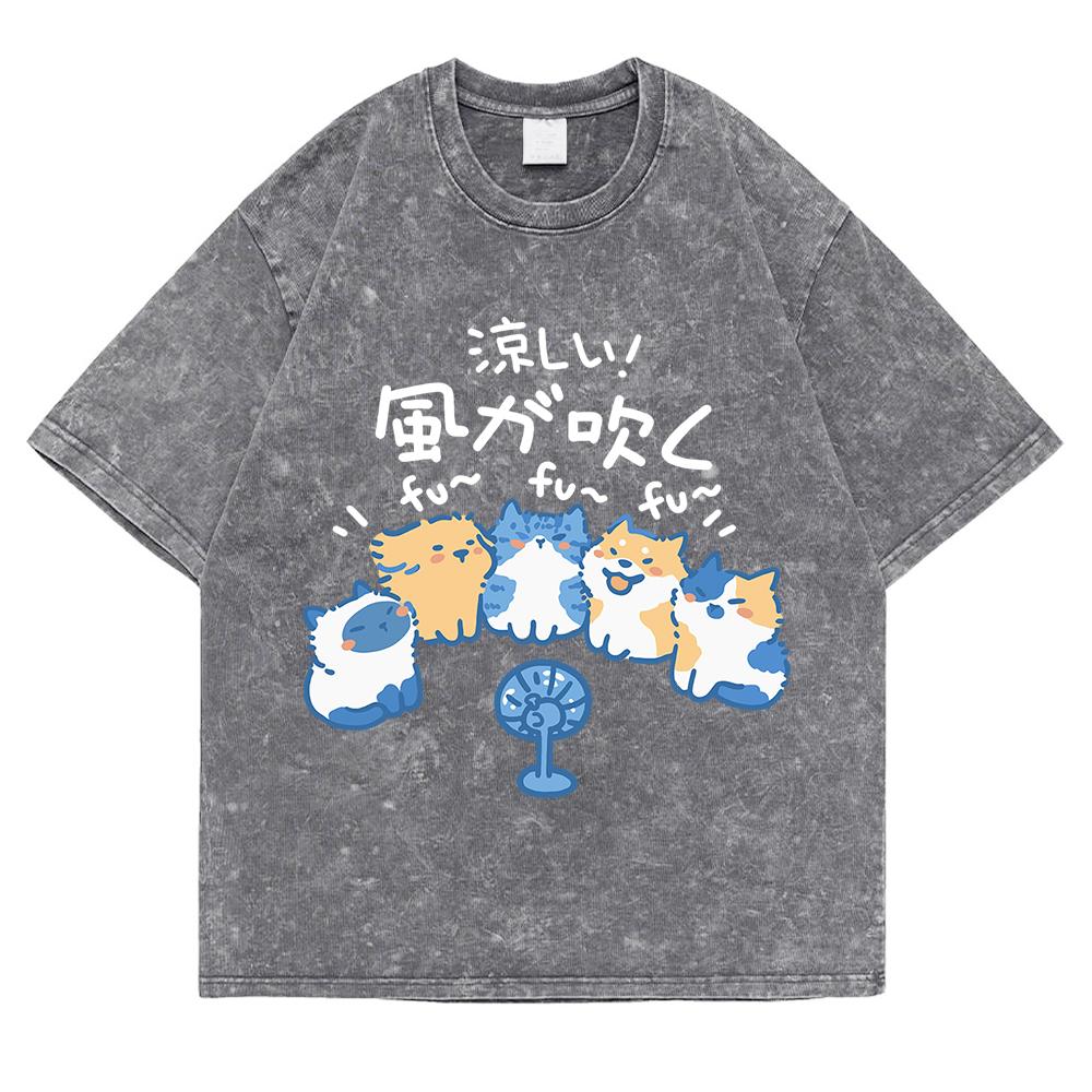 Cute Animals Blowing Fans Washed Retro Snow Clothes Men Loose Oversize T-Shirts Summer Cotton T-Shirt Casual Loose Tops