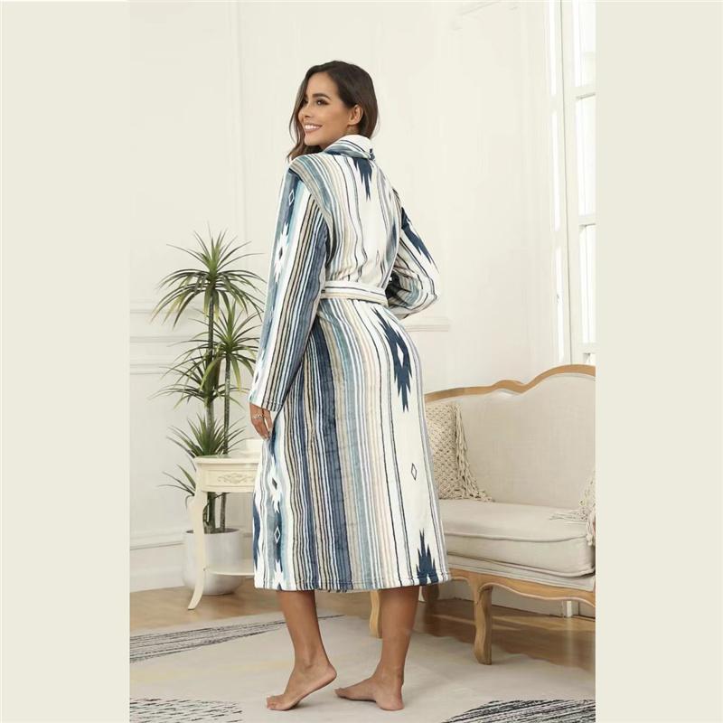 Autumn Winter Lapel Extended Printed Bathrobe Pajamas Nightgown Casual Flannel Nightgown Womens Wear Clothing