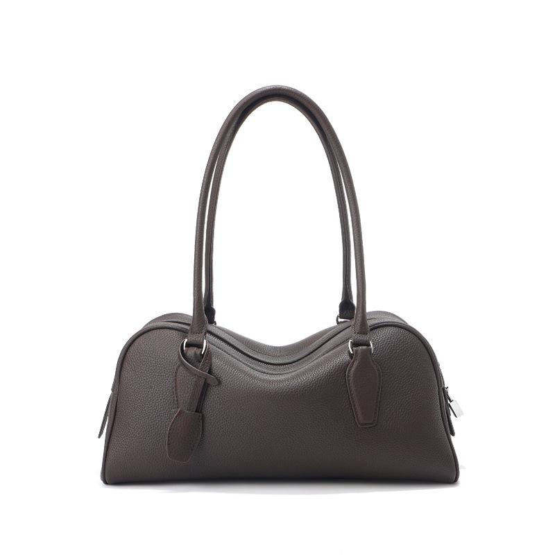 

2026 Women s Cowhide Bowling Bag - Simple Long Handle Boston Shoulder Bag 34x12x16 cm кофейный