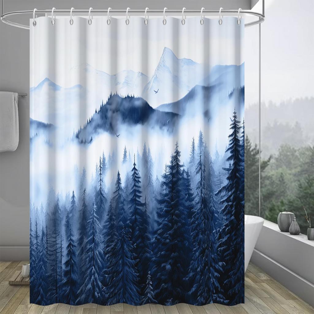 Mountain Shower Curtain, Navy Blue Misty Forest Shower Curtain Set Waterproof Nature Scenery Bathroom Decor with Hooks, 72x72 Inch