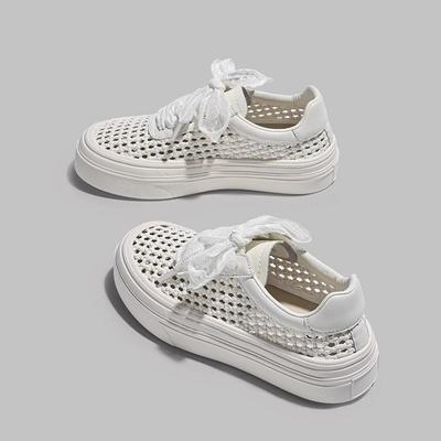 Muffin dicksohlige hohle kleine weiße Schuhe Damen neue gewebte atmungsaktive kleine Mann Höhe erhöhen bequeme lässige Board-Schuhe