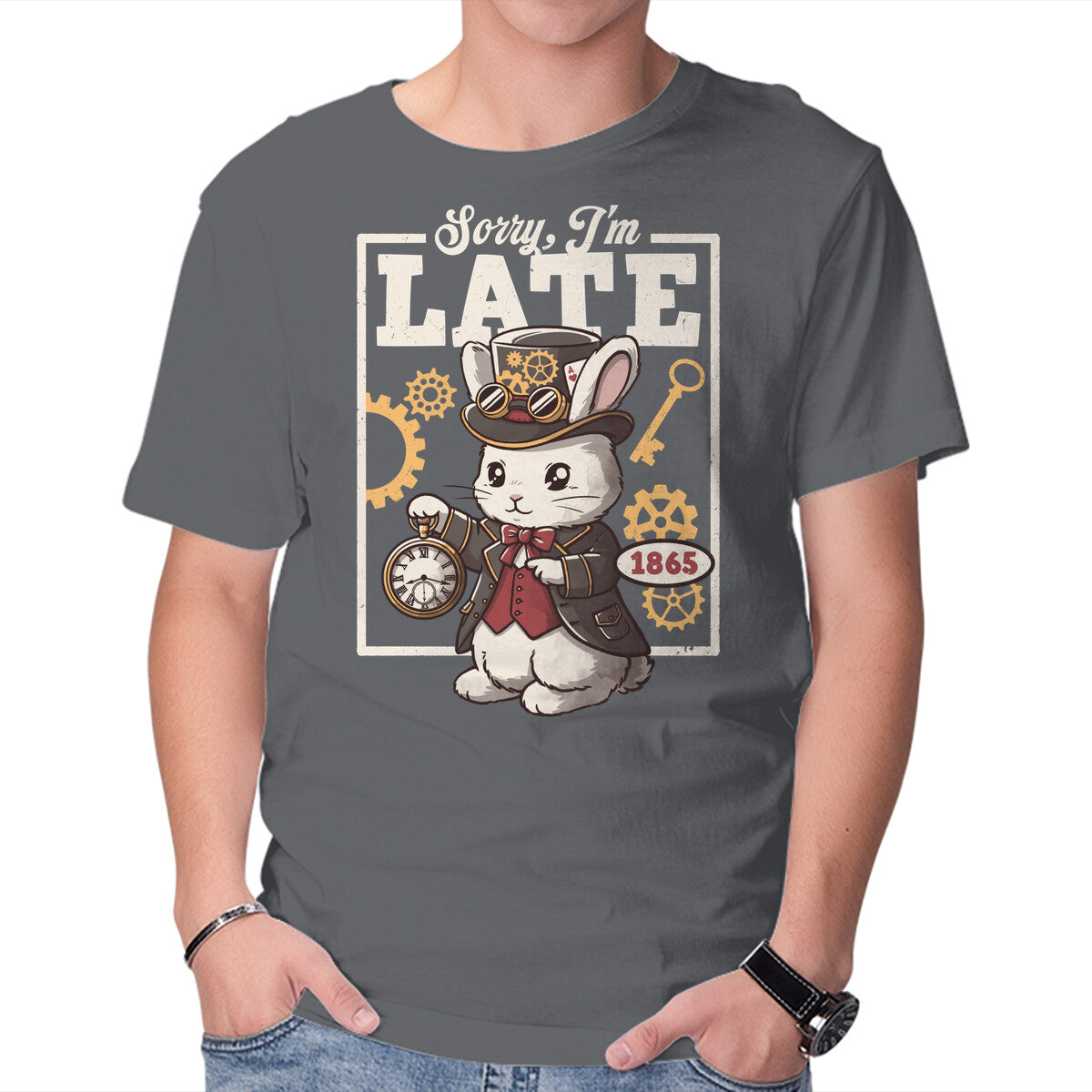 Unisex Crew Neck T-Shirt Steampunk White Rabbit Graphic Short Sleeve Casual Tee S