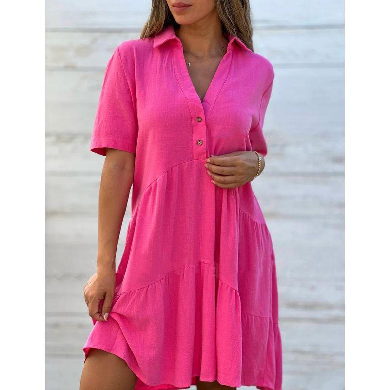 

2025 European and American Women clothes Skirts Loose Solid Lapel Leisure Short sleeve Dress Rose Red XL