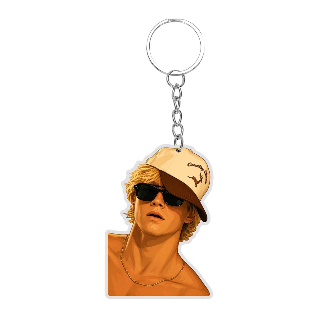 Acrylic Keychain Featuring Four Ice Hockey Players Standing Side by Side Wearing Numbered Jerseys with Attached Metal Key Ring for Easy Carrying