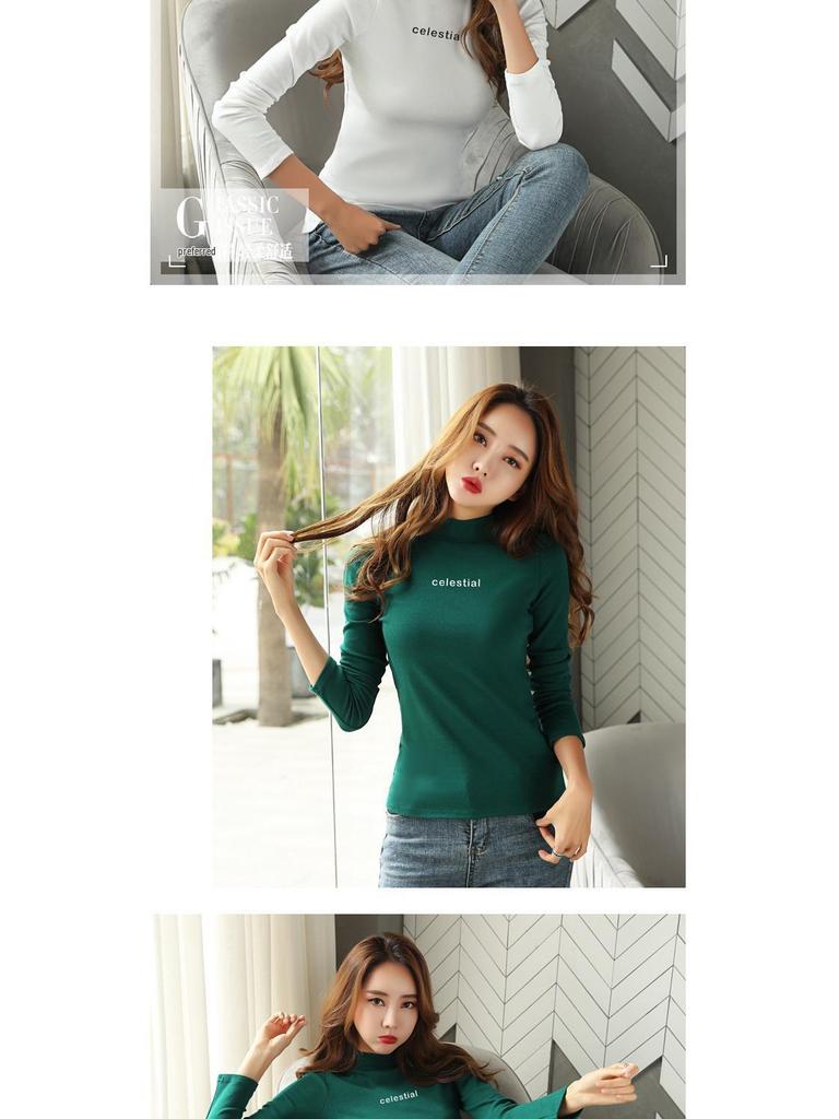 Women's Long-Sleeve Slim Fit Korean Style T-Shirts for Autumn/Winter with Half-High Collar