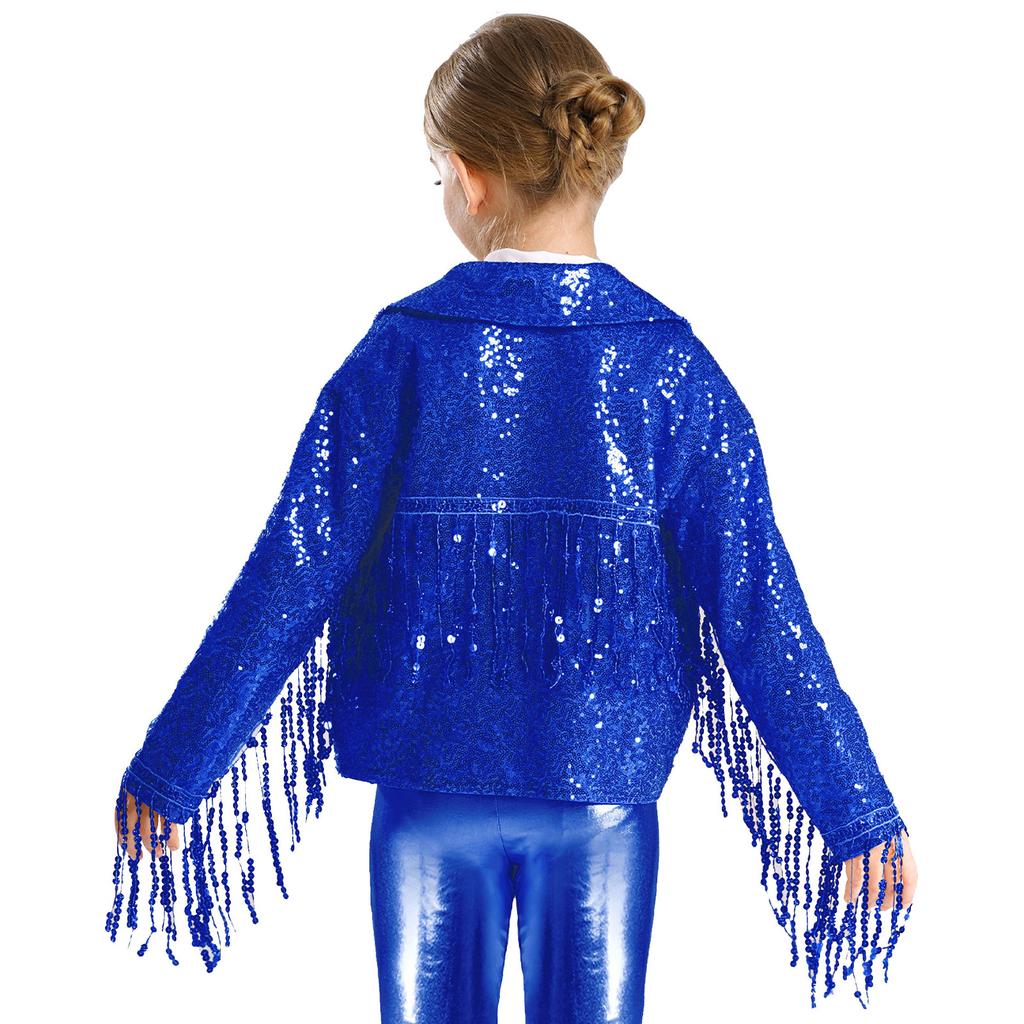 Mädchen Party Jacke Glitzernde Pailletten Quasten Detail Langarm Offen Vorne Bühnenkostüm Mantel
