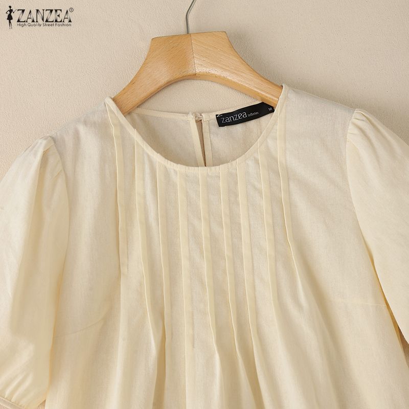 ZANZEA Damen Freizeit Rundhals Sommer Kurzarm Baumwollbluse