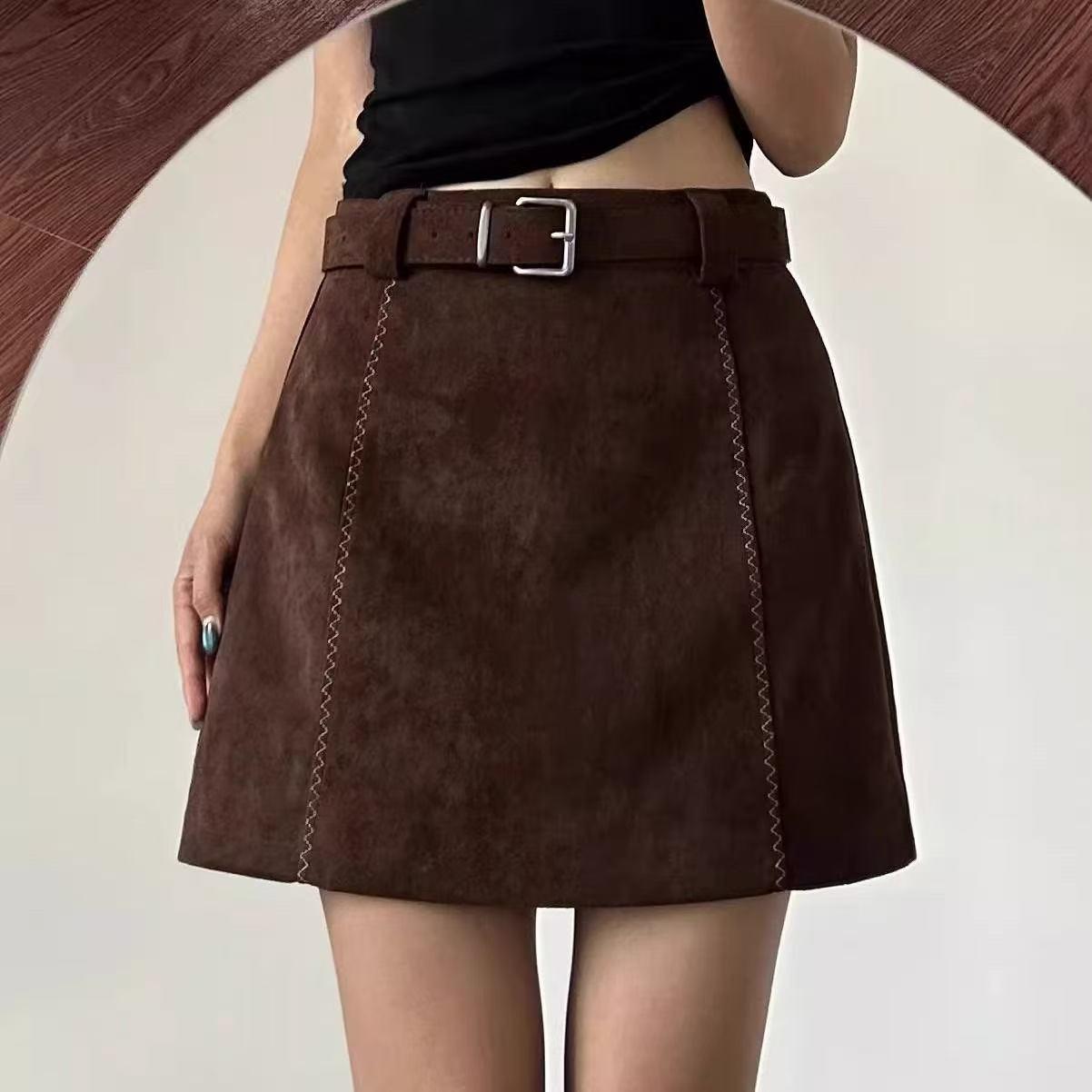 Plus Size Women s High Waist Brown Suede A-line Mini Skirt for Autumn/Winter L