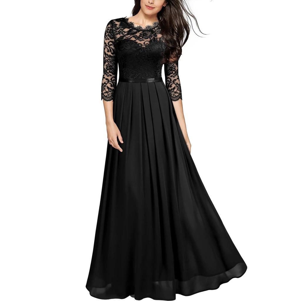 Elegante Abito Lungo in Pizzo da Donna con Tessuto in Chiffon Giuntato per Eventi Formali