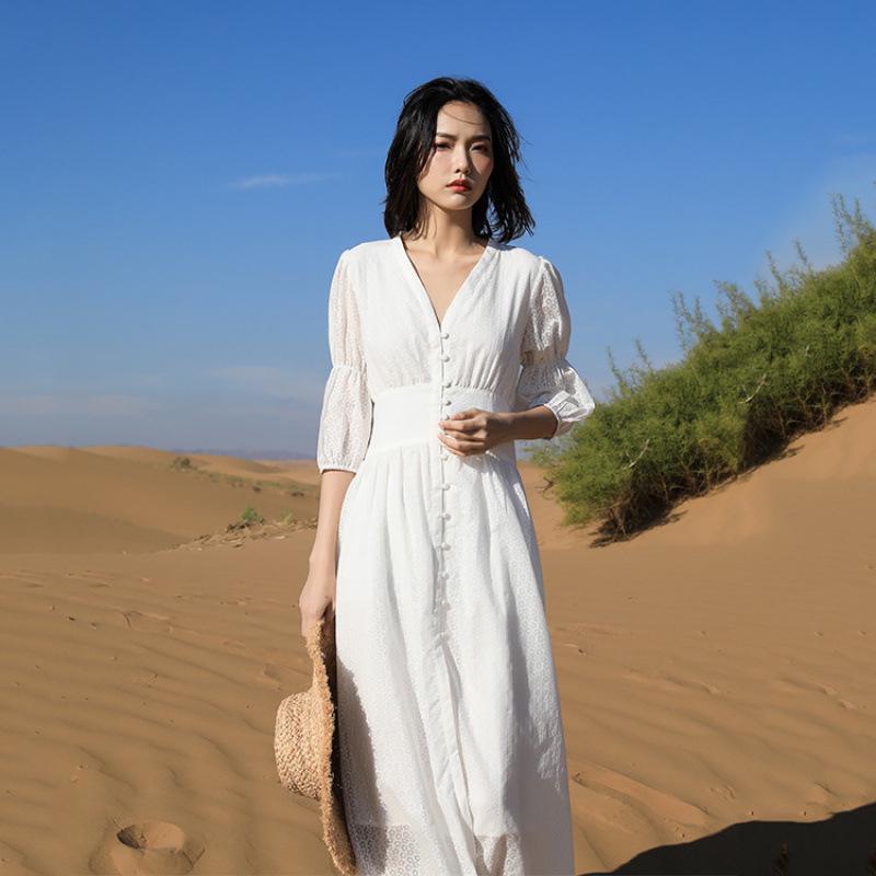 

Сказочное Ретро Французское Платье с V-образным вырезом, Женское, Приталенное, Длинное (F514) XL белый