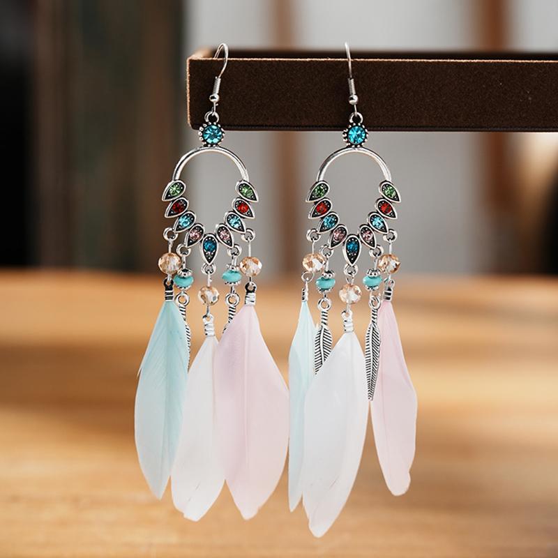 Modische Böhmische Bunte Federohrringe für Damen Ethnischer Stil Lange Geometrische Ohrringe Damen Schmuck Accessoires Geschenk