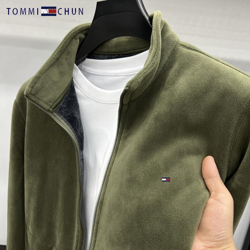 Męska Ciepła Kurtka Kardigan Tommy z Futerka z Kołnierzem Stojącym na Zamek