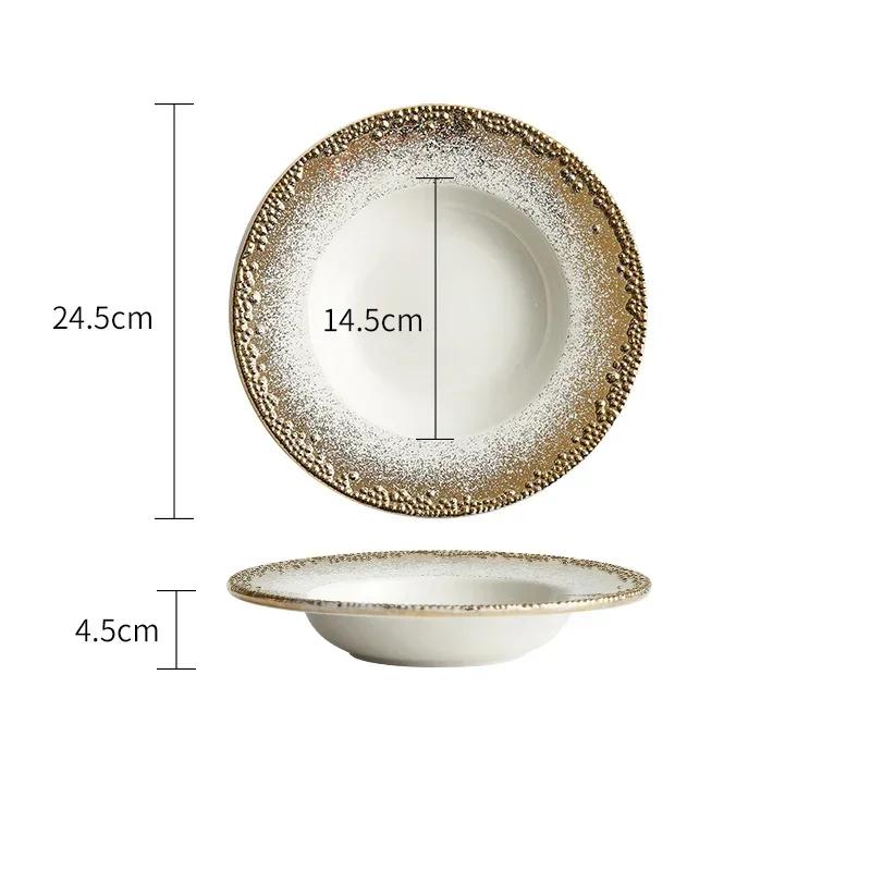 Gold Border High End Dining Plates Creative Light Luxury Ceramic Plate Retro Restaurant Steak Flat Tray Household Tableware