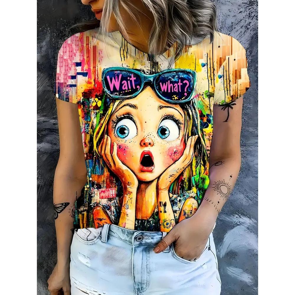 Fashionable Casual Comfortable Breathable Short Sleeved Round Neck T-shirt Summer Large Loose Creative Portrait 3D Printed Women's T-shirt
