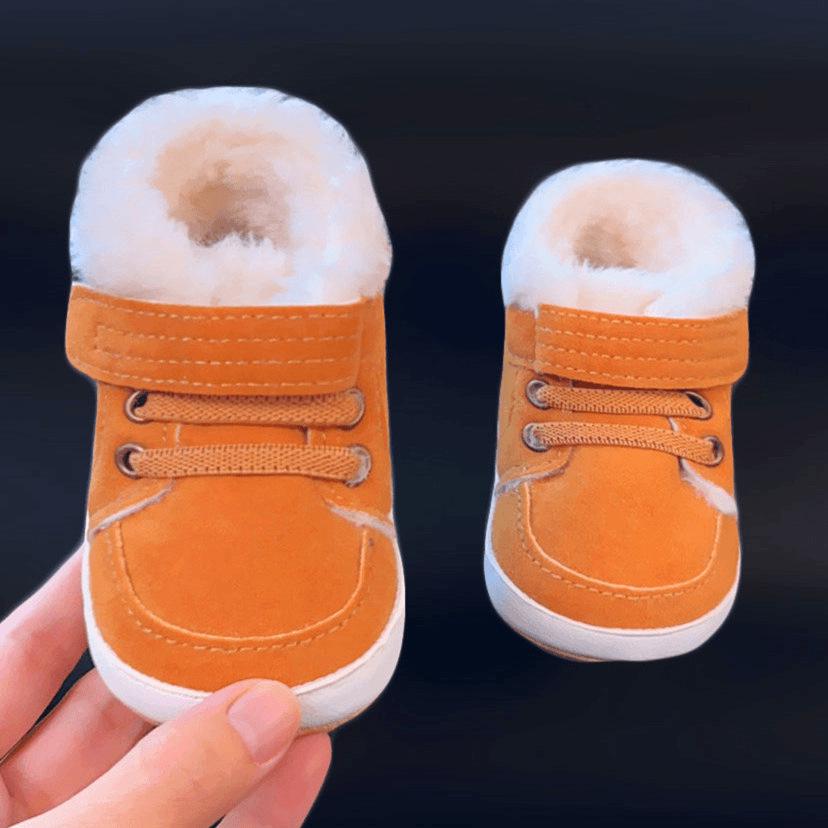 Baby High-Top Yellow Walking Shoes - Thick Plush Cotton, Non-Slip Soft Sole, Warm Boots for Boys (0-1 Year)