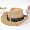 Hat Women's Summer Western Cowboy Straw Hat Ethnic Style Retro Sunscreen Sun Hat Solid Color Bullhead Label