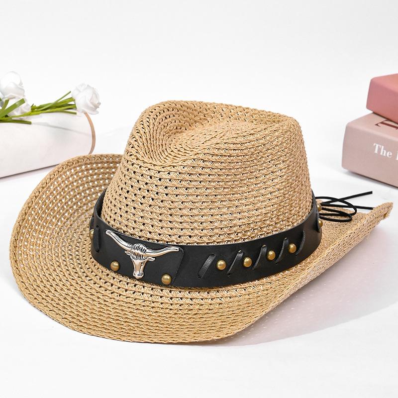 Hat Women's Summer Western Cowboy Straw Hat Ethnic Style Retro Sunscreen Sun Hat Solid Color Bullhead Label
