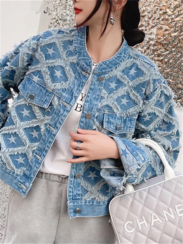 Geometric Jean Jacket for Women  New Fashion Autumn Winter Long Sleeve Denim Jacket Streetwear Single Breasted Coat