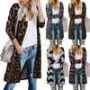 Women's Open Front Leopard Cardigan Pockets Long Sleeve Lightweight Sweater Coat