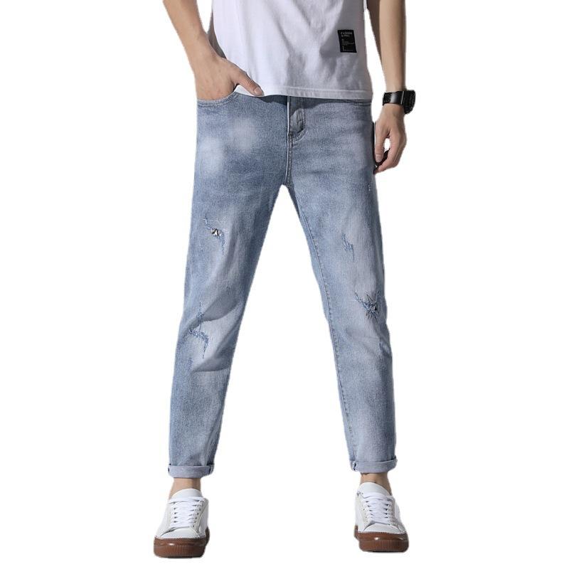 Spring/Summer Thin Cropped Pants Men's Korean Slim Fit Small Feet Oblique Belt Jeans Men's Wear