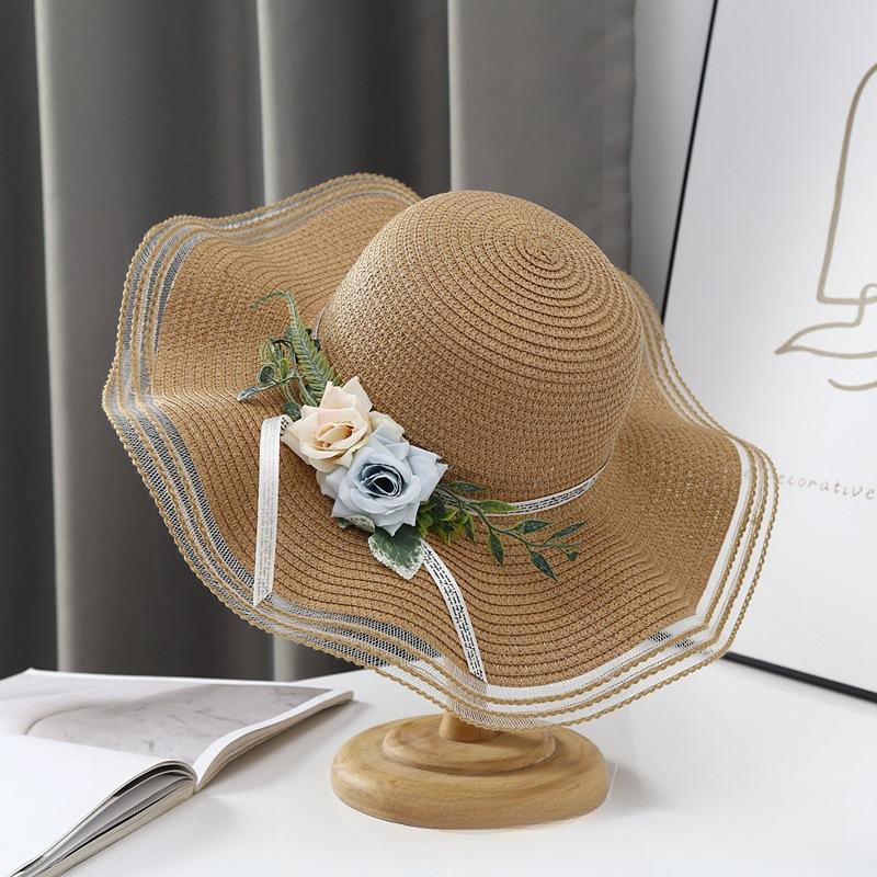 Straw Hat, Versatile In Summer, Seaside Brim, Beach Sun Hat, Fashionable Adult, Simulated Flower, Wave Grass Weaving, Sun Protection