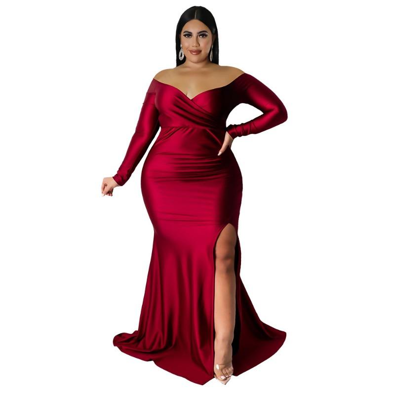 Plus Size Burgundy Off Shoulder Long Sleeve Ruched Split Mermaid Maxi Dress L красный