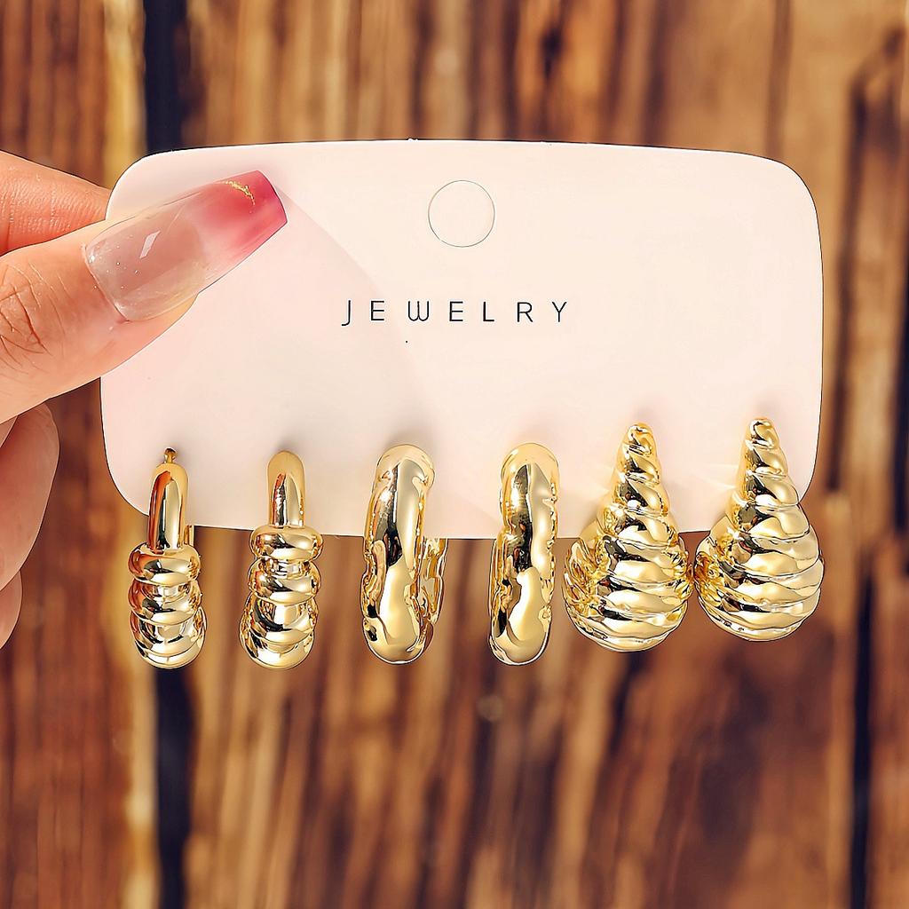 6Pcs/set Classic Ccb Waterdrop Twist Earrings Chunky Tear Drop Design Women's Gold-Color Bohemia Earrings Daily Workplace Party