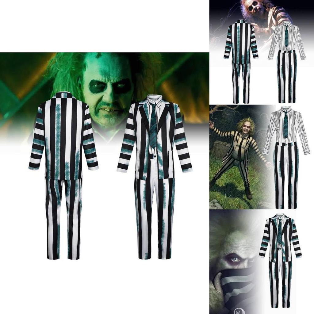 Snygg Beetlejuice Cosplay-dräkt med gröna, svarta och vita ränder Mjukt tyg