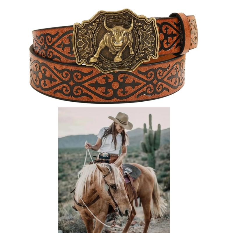 Vintage Men Teens Relief Bull Head Waist Belt PU Embossed Pattern Cowboy Belt