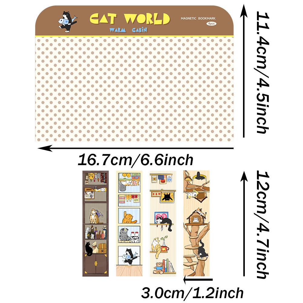 4pcs Cat World Magnetic Bookmarks Set, Cute Cat Cartoon Design Page Clips Book Marker, Unique Reading Gift Stationery