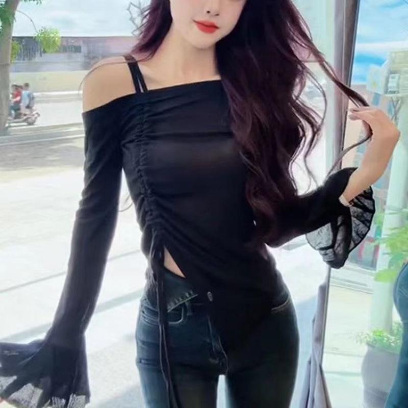 2024 Autumn/Winter Women's Off-the-Shoulder Spaghetti Strap Drawstring T-Shirt - Spicy Girl Style