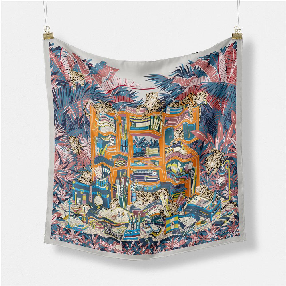 Twill Silk Scarf Woman Indian Painting Square Scarves Wraps Bandana Small Hijab Silk Foulards Tie Headband Neckerchief 53CM