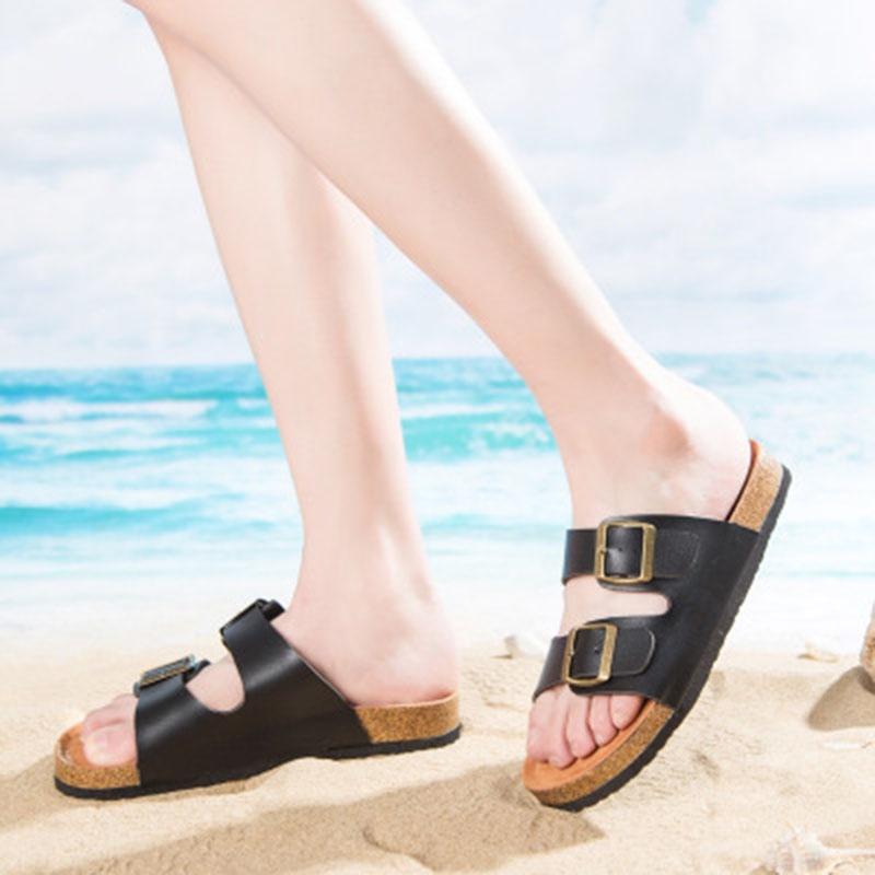 Elegant Women's Slide Buckle T-strap Cork Footbed Platform Flip Flop Shoes Sandals