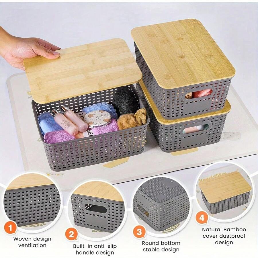 6-Piece Plastic Storage Basket With Bamboo Lid, Stackable Storage Basket Storage Box, Suitable For Home, Office, Game Room