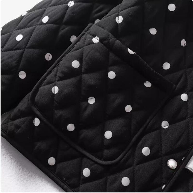 Retro O-Neck Contrasting Polka Dot Cotton Jacket For Women's Autumn Winter Single Breasted Double Pocket Warm Quilted Coat CS005