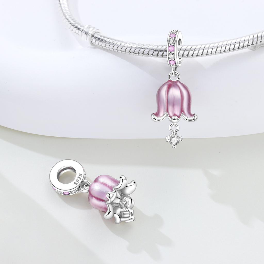Orstarry 925 Silver Pink Orchid Wind Chime Pendant Beads Original Pendants Bracelet Charm Jewelry Party DIY Gifts