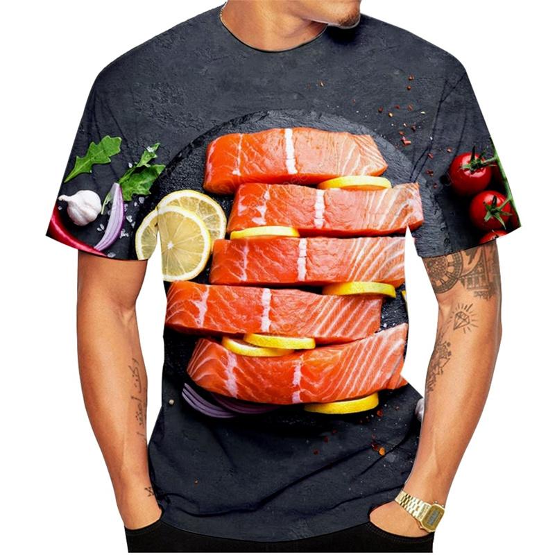 Salmon Fillet Sushi T-Shirts Funny Food Graphic 3D Print Men's Casual Short Sleeve T-shirts - Soft Medium Stretch Fabric Summer Relaxed Fit Clothing