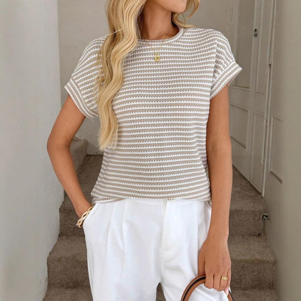 Sommer Damen Rundhals Pullover Zweifarbig Gestrickt Kurzarm Top, Grenzüberschreitend Lässiges Stricktop für Europa Amerika