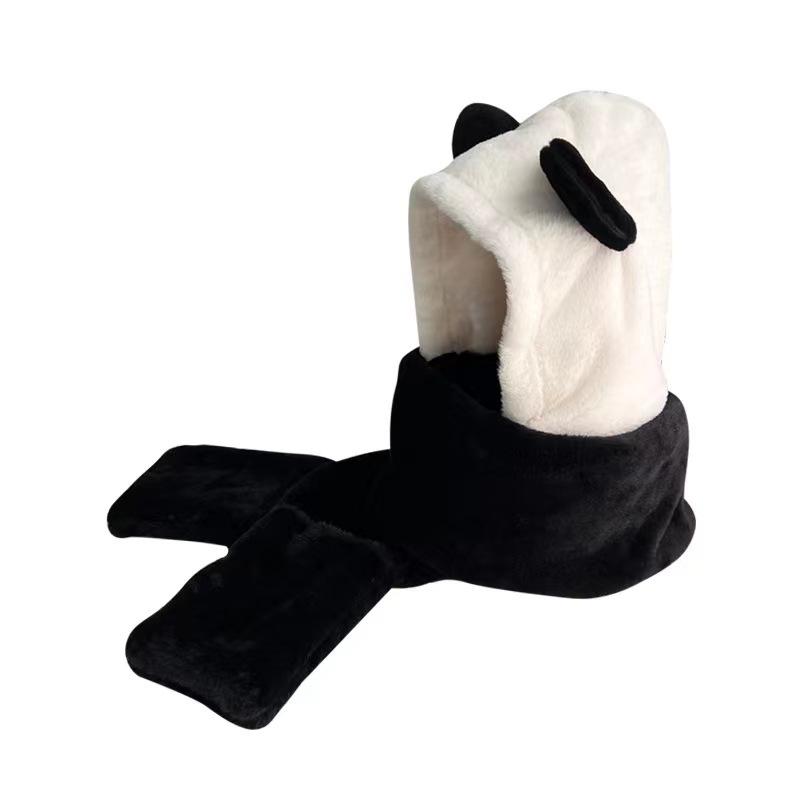 Cute Panda Lei Feng Hat Women's Season Warm Versatile Student Plush Ear Protection Hat Scarf Integrated Three-piece Set