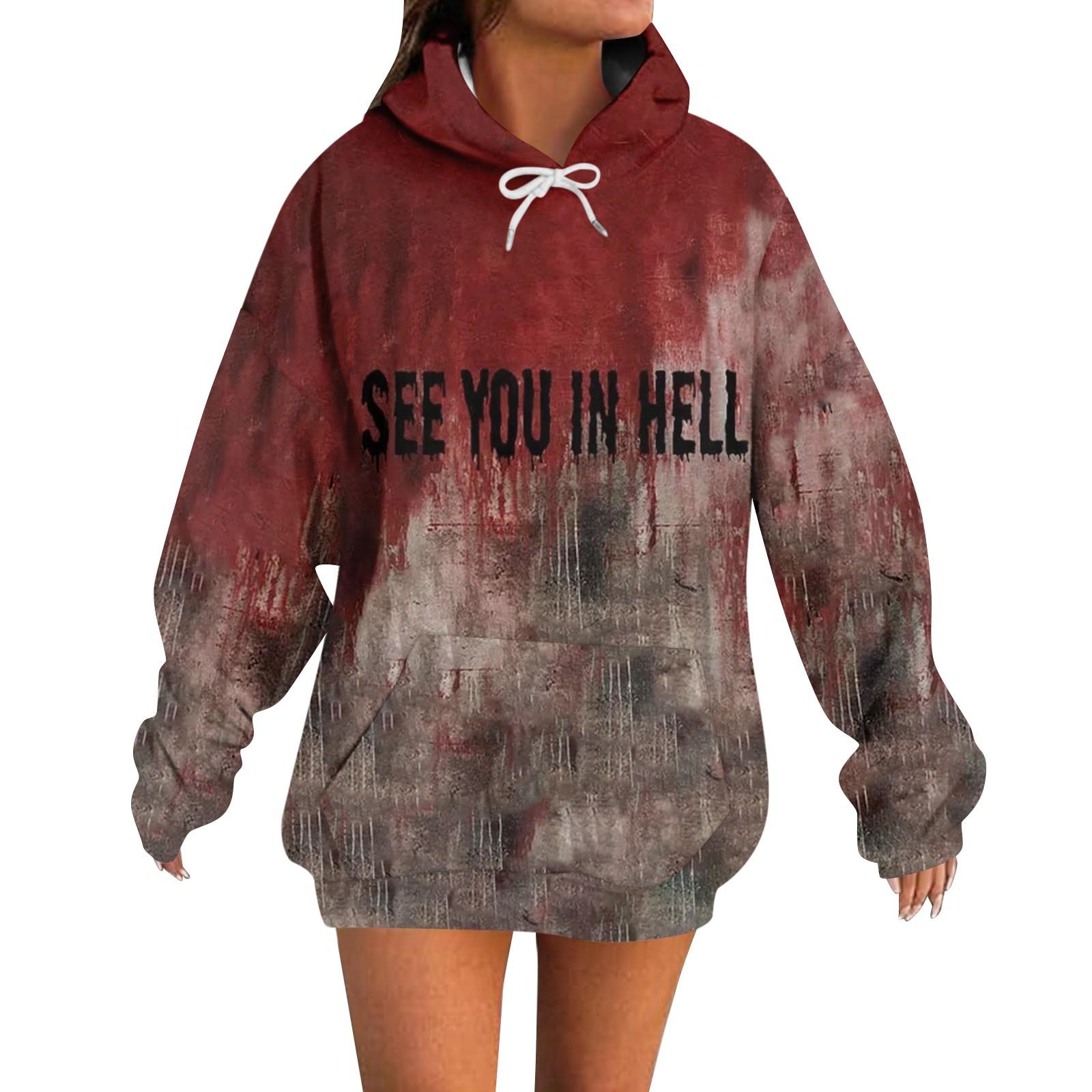 Women s Casual Fashion Halloween Printed Long Sleeve Pullover Hooded Sweatshirt M винный