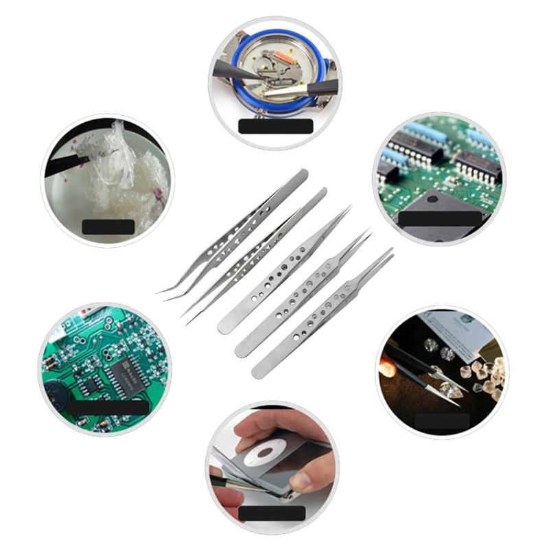 5Pcs Electronics Industrial Tweezers Anti-static ESD Curved Straight Tip Precision Stainless Steel Forceps Phone Repair