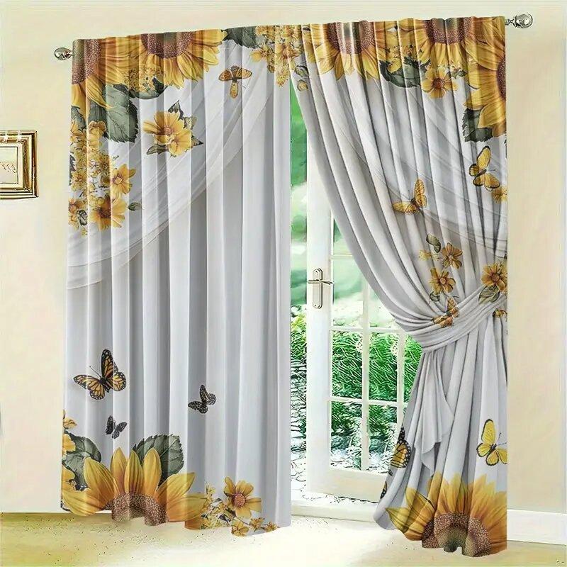 Retro Sunflowers And Butterflies - Pole Bag Curtains, Bedroom And Kitchen Decoration, Home Decoration, Living Room Decoration