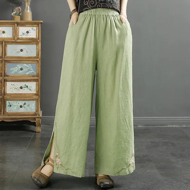Women Pants Cotton Summer Elastic Waist Loose Casual Embroidery Solid Color Comfortable Soft Pants