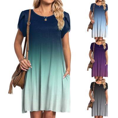 Damen Sommer Rundhals T-Shirt Rundhals Blütenblatt Ärmel Bedrucktes Kleid mit Taschen
