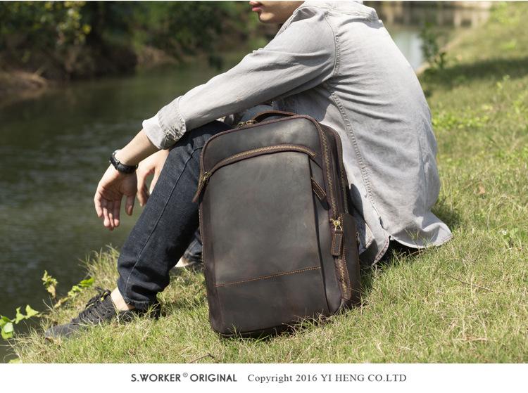Retro Casual Crazy Horse Leather Double Shoulder Backpack, Genuine First Layer Cowhide for Men.